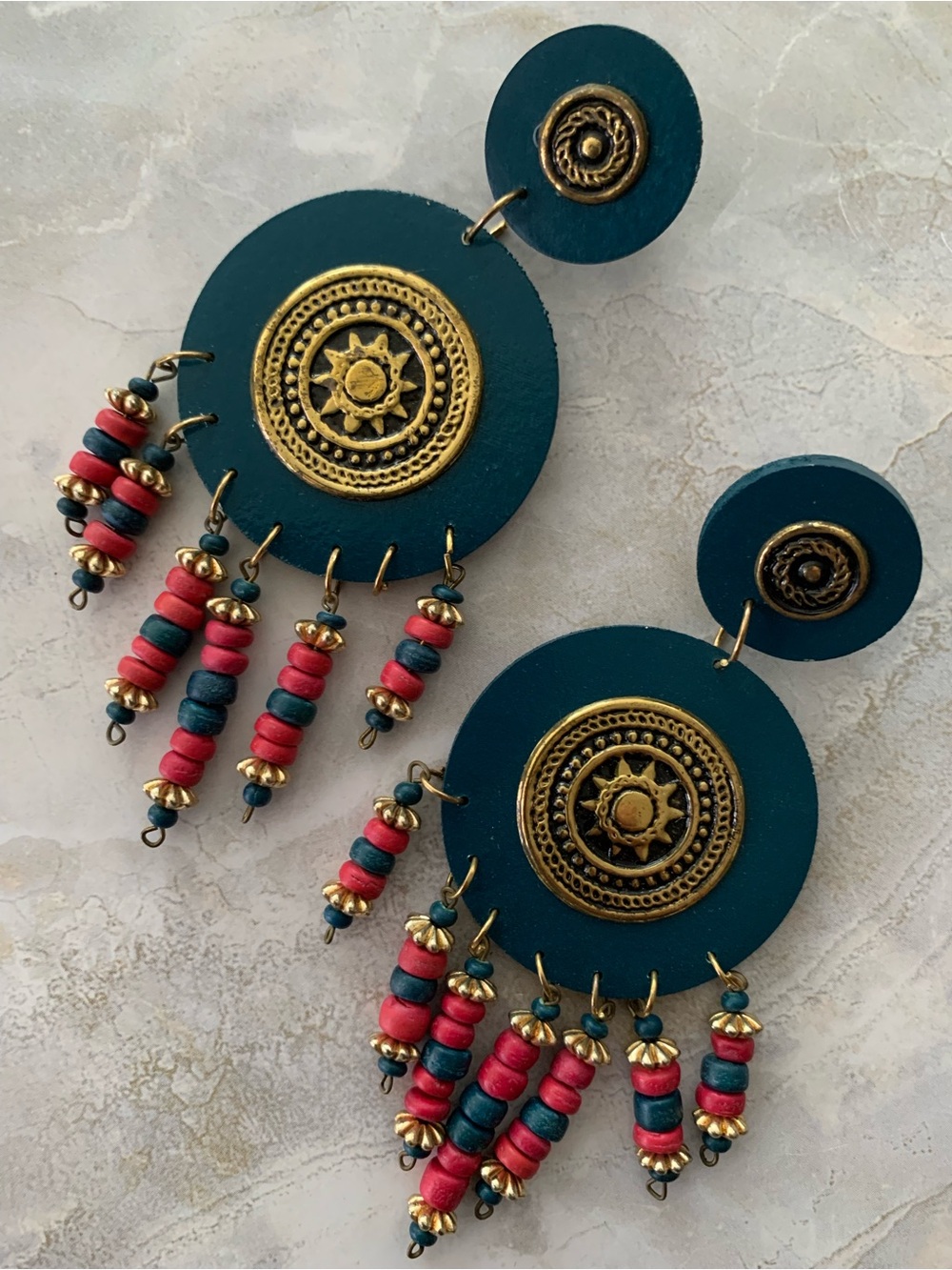 Bohemian Teal Disc Drop Earrings  Golden Sun and Beaded Tassels Designer Style